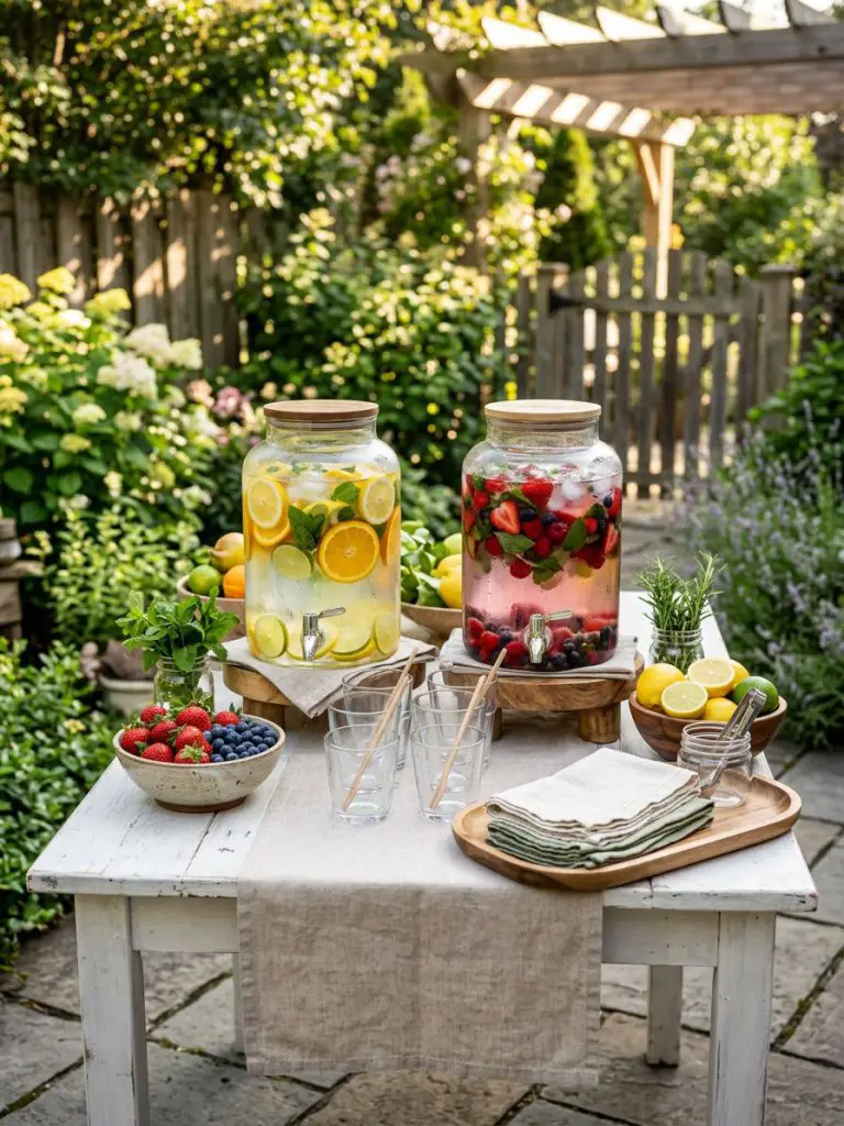 A refreshing outdoor drink station in a clean modern rustic style, featuring a white table styled with glass beverage dispensers filled with.