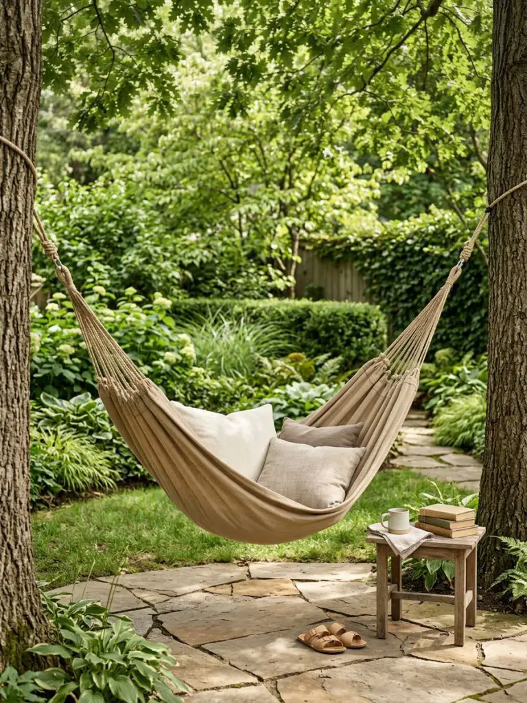 A tranquil garden hammock setup suspended between mature trees in a lush backyard, designed in warm minimalist outdoor style.