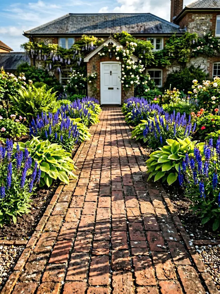 A symmetrical garden design showcasing repeated clumps of blue salvia and lime-green hostas lining both sides of a straight brick path.