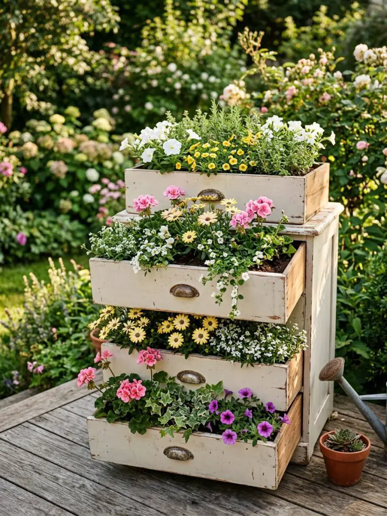 A vintage-inspired garden corner featuring stacked repurposed wooden drawers transformed into layered flower beds.