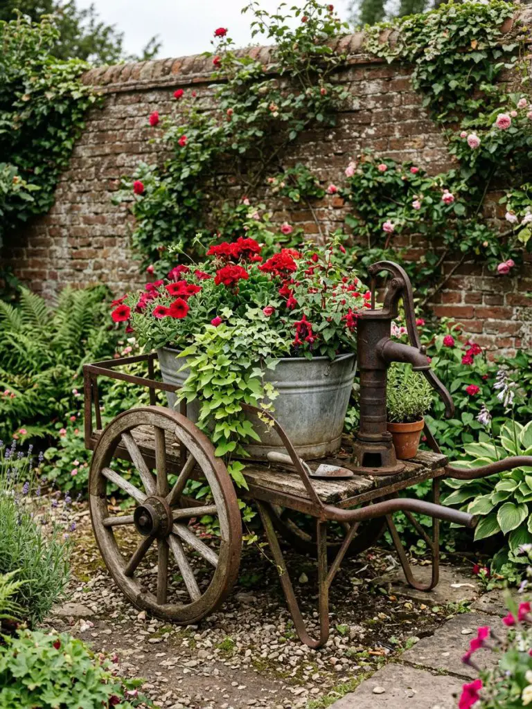 A repurposed metal farm cart transformed into a rustic flower bed positioned against a brick wall in a farmhouse garden.