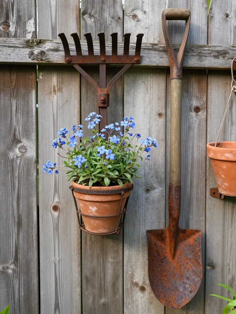 A creative vintage garden decor wall featuring repurposed tools mounted on a weathered wooden plank fence.