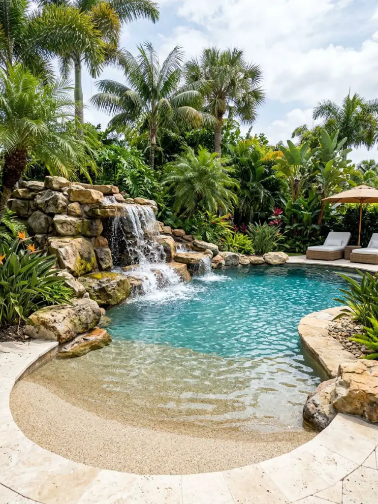 A resort-inspired beach pool backyard featuring a cascading rock waterfall integrated into a freeform pool design, styled in a tropical luxu.