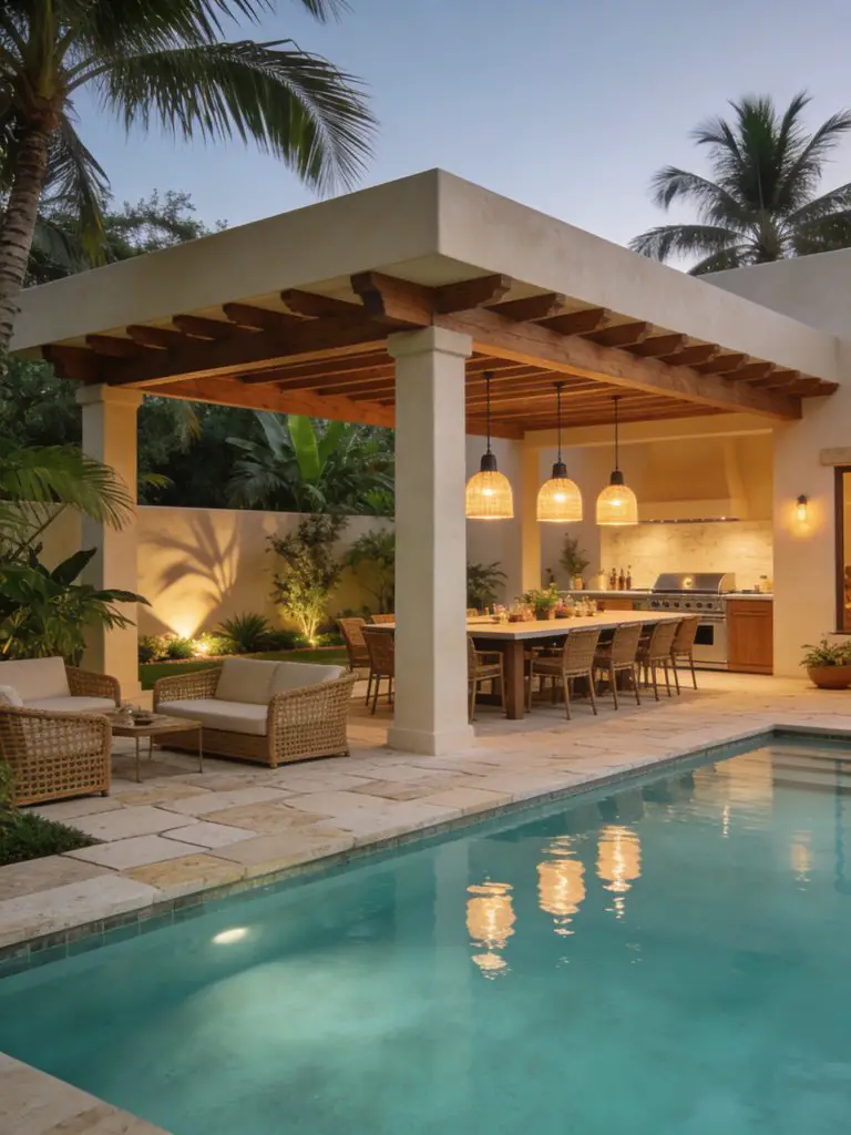 A resort-style luxury pool backyard with a covered dining pergola and outdoor kitchen, designed in Modern Tropical style.