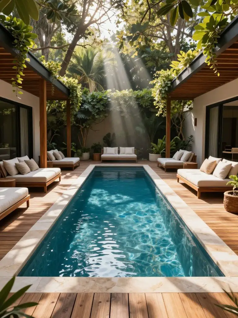 A luxurious modern backyard pool styled like a resort, featuring a long pool flanked by wooden decking and covered pergola lounges with plus.