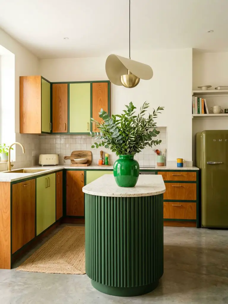 A retro-inspired colorful minimalist kitchen with mid-century modern influence, featuring warm wood cabinetry framed in deep forest green tr.