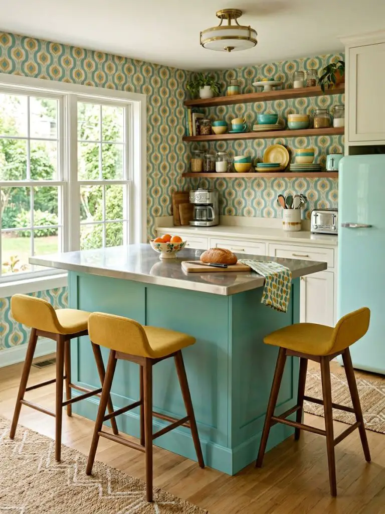 A retro-inspired kitchen featuring a teal kitchen island paired with mustard yellow bar stools in a mid-century modern style.