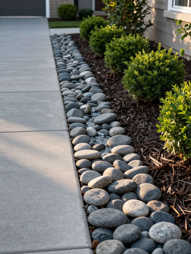 A functional driveway edging design featuring a river rock drainage channel integrated into a landscaped front yard, styled in modern suburb.