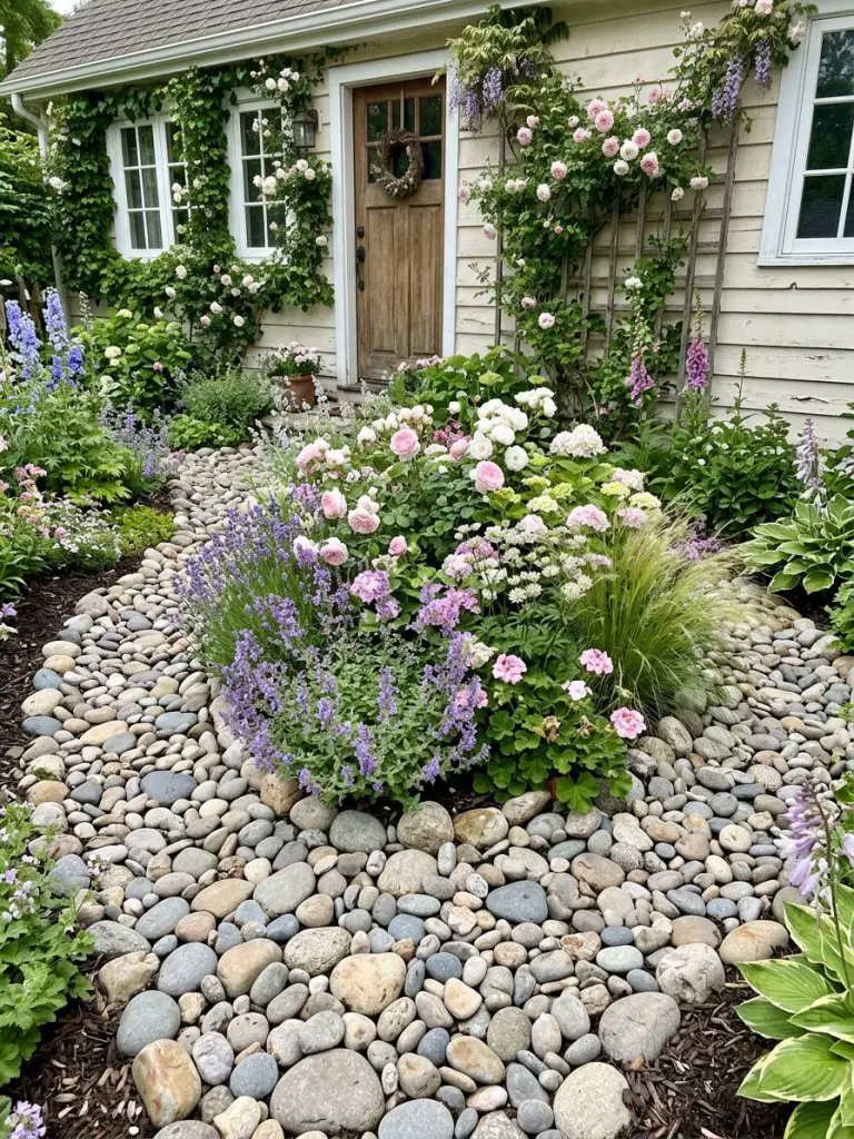 A charming cottage-style flower bed filled with smooth river rocks and soft, flowing plant arrangements in a relaxed, organic composition.