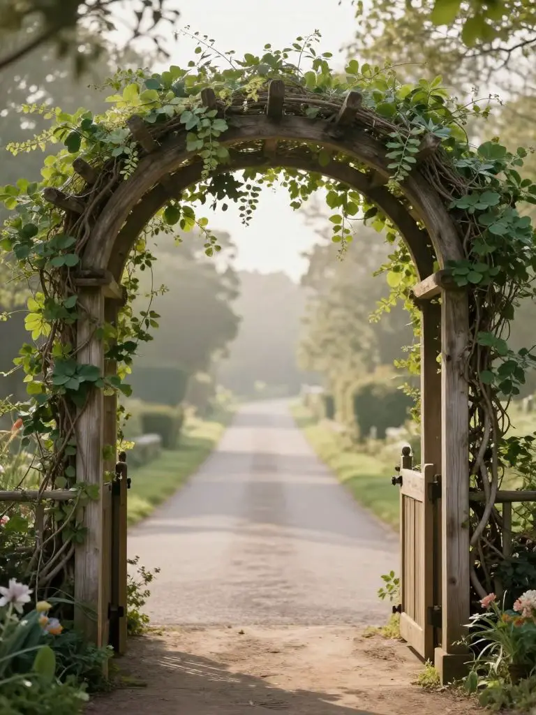 A romantic arbor-style driveway entrance featuring a wooden arch gate draped in lush greenery and climbing vines.
