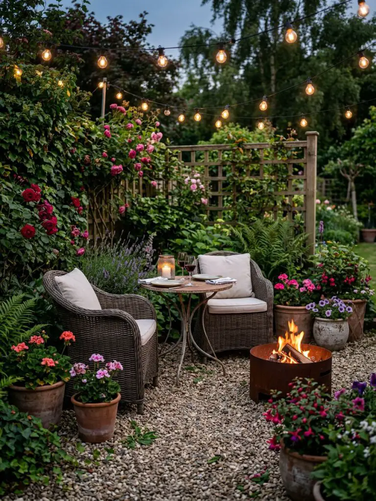 A romantic bistro-style garden corner in a cozy modern rustic design, featuring two woven chairs and a small round metal table centered on a.