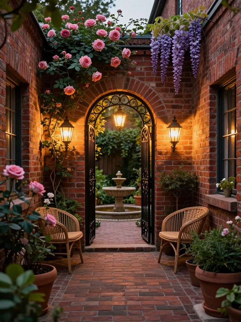 A romantic enclosed brick courtyard garden with an arched wrought iron gate and glowing lantern lights.