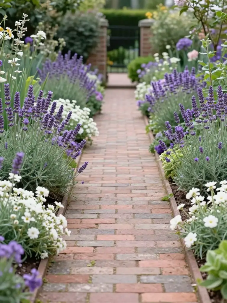 A romantic flower bed design lining a narrow brick pathway, inspired by classic English garden style with modern rustic softness.