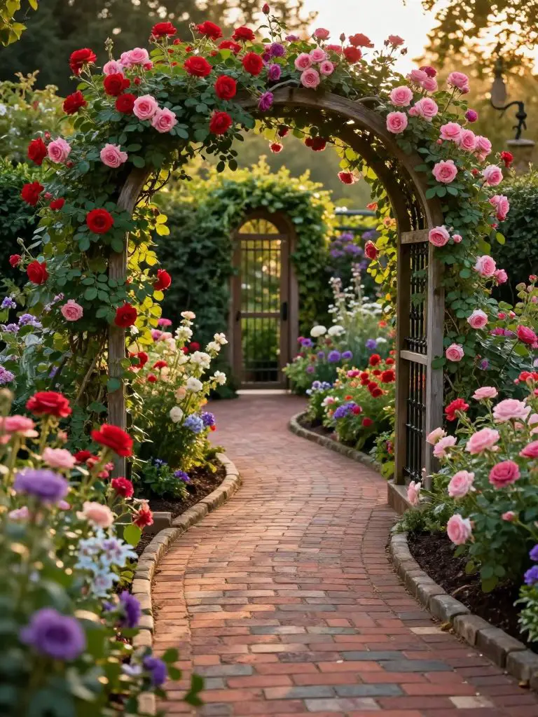 A romantic side yard garden featuring a curved brick pathway bordered by abundant flowering plants in full bloom.
