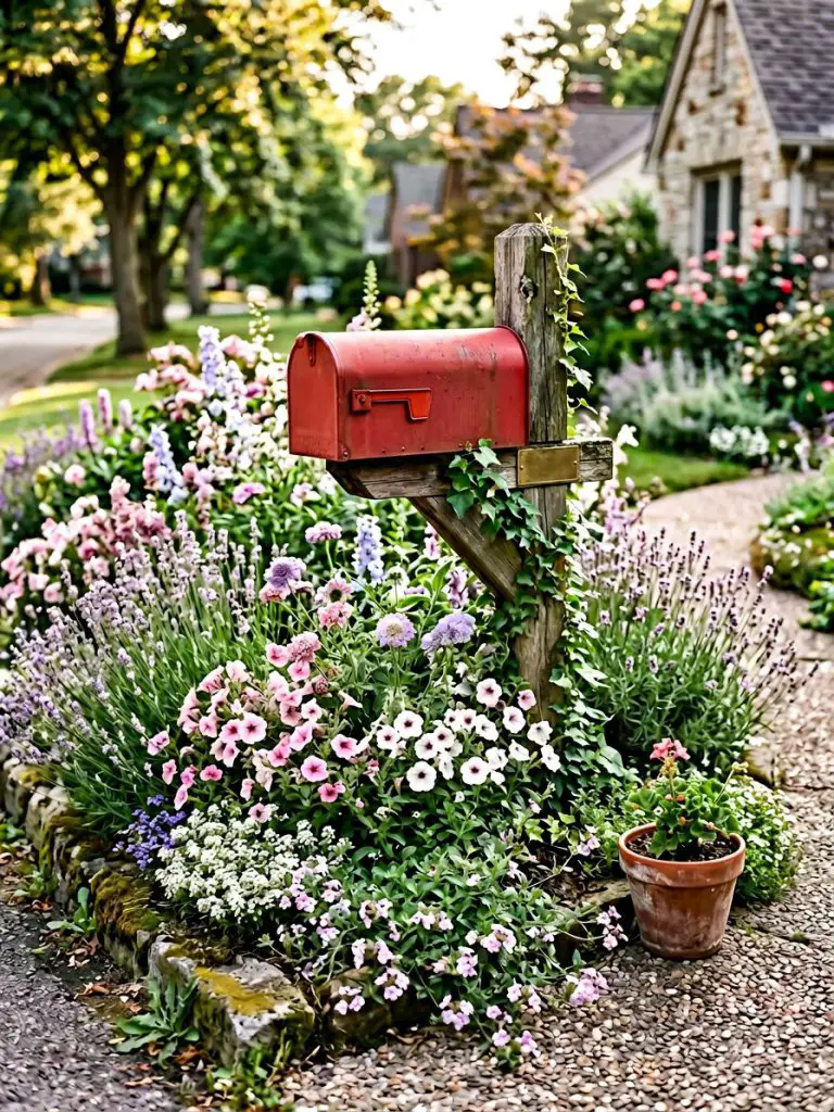 A romantic cottage-style mailbox flower bed filled with soft pastel blooms.