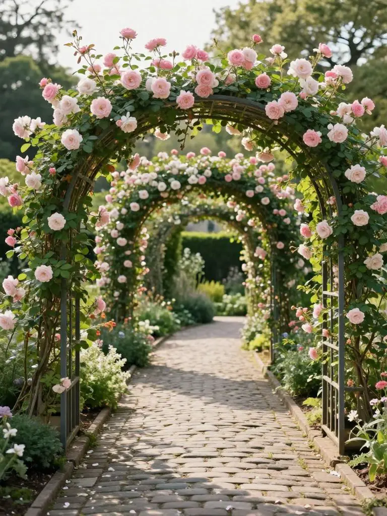 A romantic garden driveway entrance featuring arched trellises covered in climbing roses in a cottage garden design.