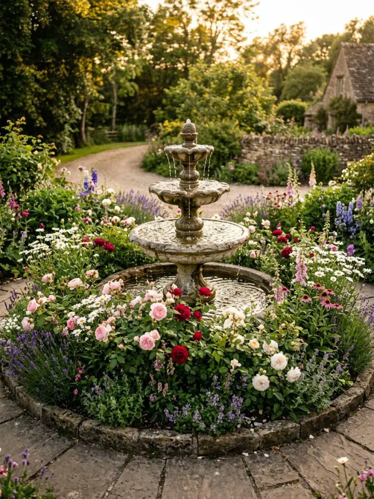 A romantic island flower bed centered around a tiered garden fountain, designed in a classic cottage-meets-Modern Rustic style.
