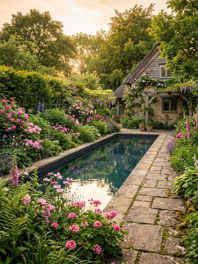 A romantic garden lap pool surrounded by lush flowering plants and layered greenery, designed in a modern rustic cottage style.
