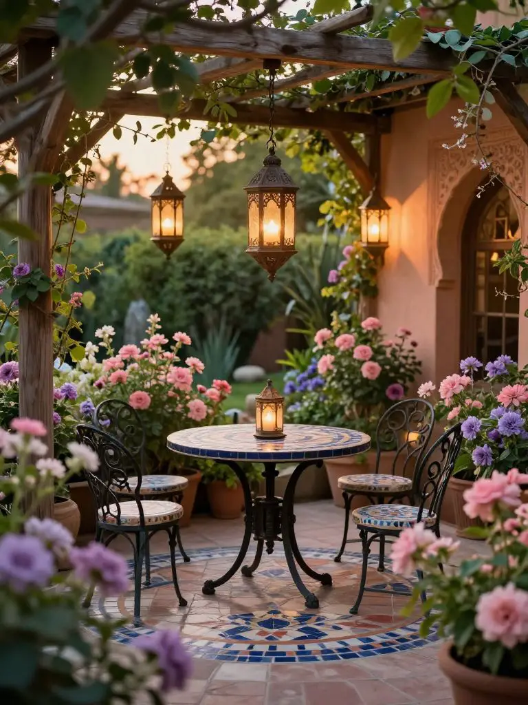 A romantic garden patio featuring a small mosaic table surrounded by blooming flowers and hanging lanterns.