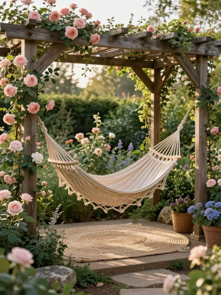 A romantic small secret garden pergola scene in a soft cottagecore and modern rustic blend, featuring a wooden pergola adorned with climbing.
