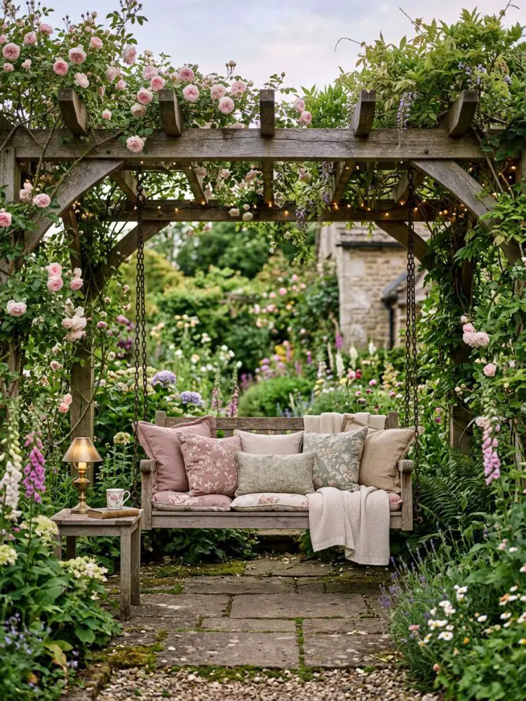 A romantic pergola garden scene in cottagecore style, featuring a wooden pergola covered in lush climbing vines and soft pink blossoms.