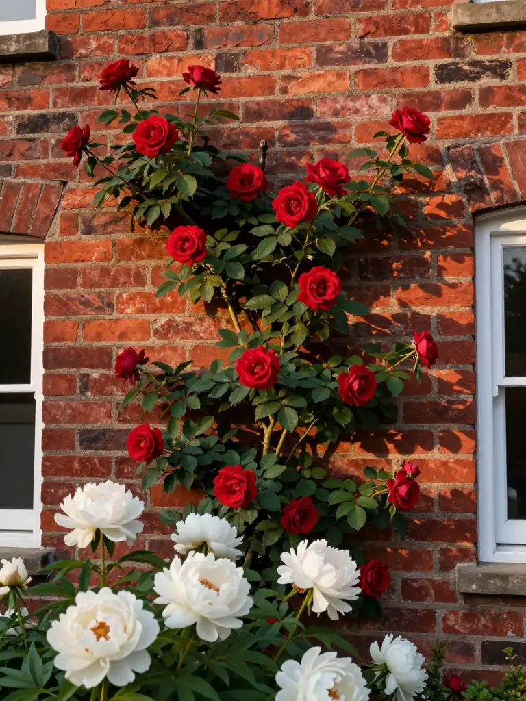 A close-up shot of a classic brick manor house wall covered in climbing red rambler roses in full bloom.