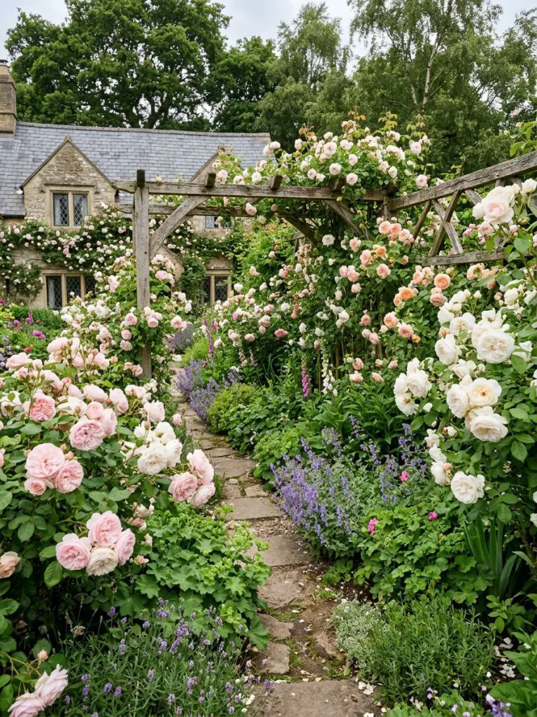 A romantic backyard flower bed dominated by blooming roses and soft groundcover, designed in a classic cottage garden style.