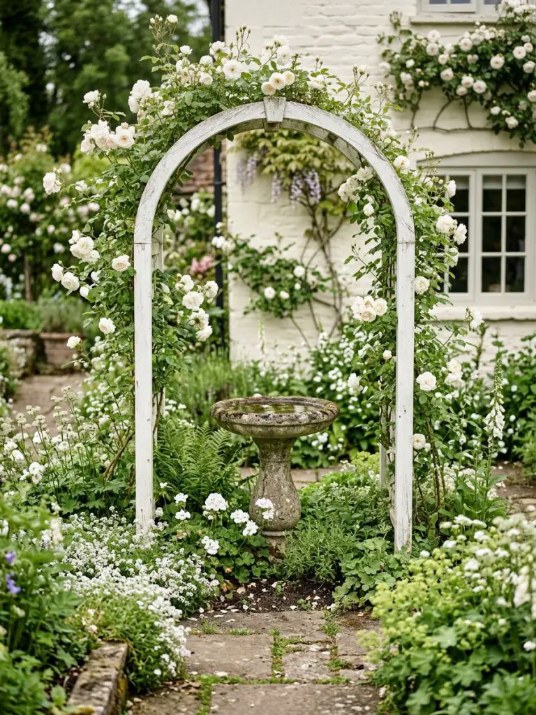 A romantic cottage garden vignette designed in classic English cottage style, featuring a white wooden arch trellis covered in climbing whit.