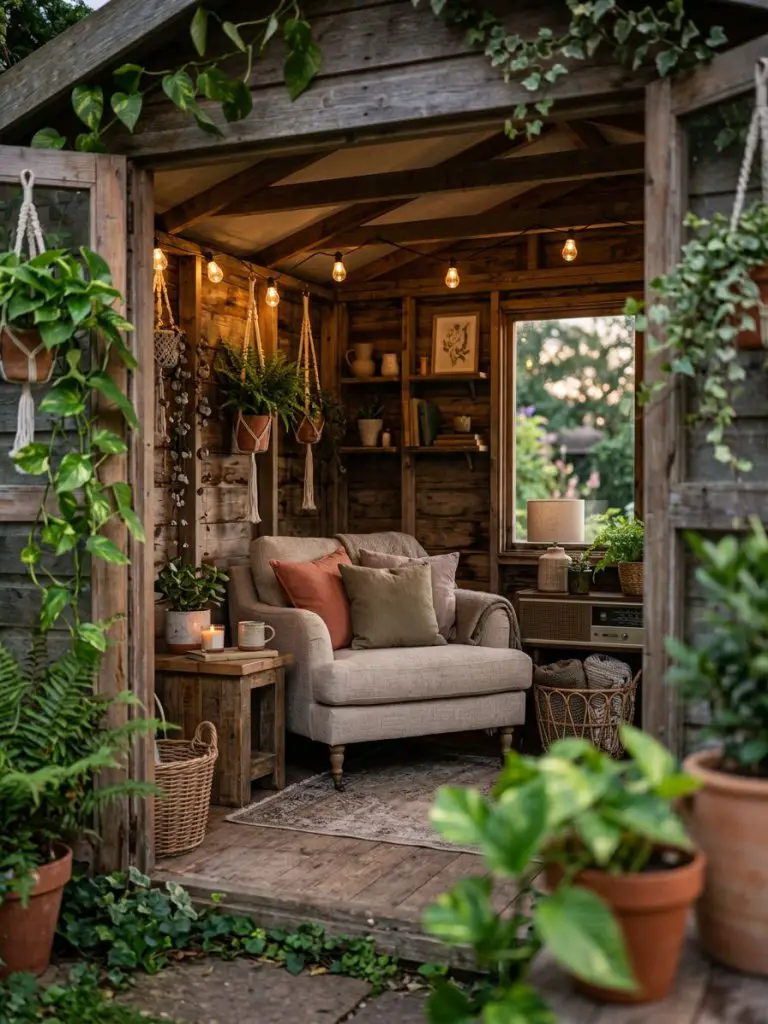 A cozy garden shed transformed into a rustic lounge space, styled with modern rustic outdoor decor.