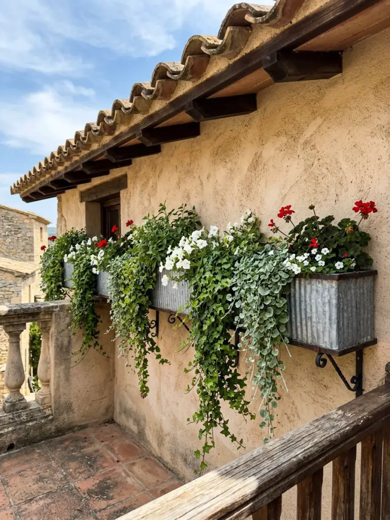 A small elevated balcony flower bed using galvanized metal planters mounted along a stucco wall under a tiled roof, styled in Mediterranean.