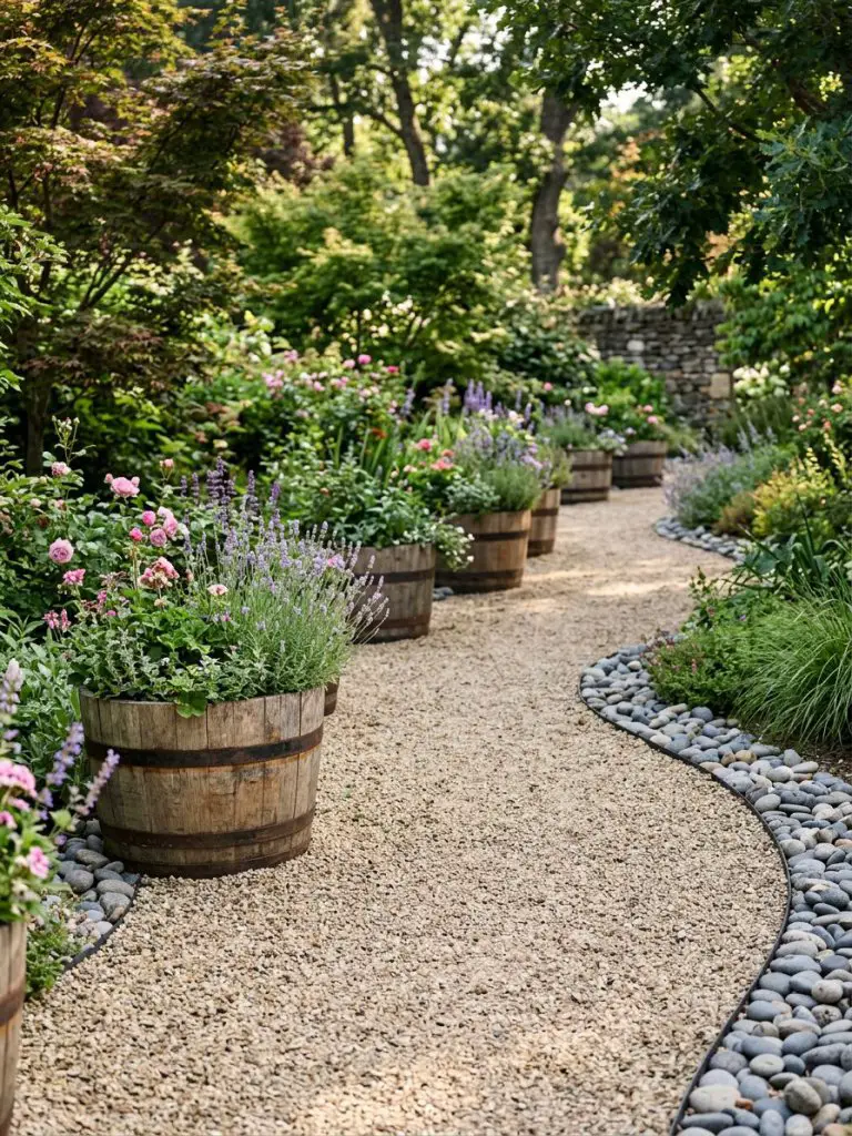 A curved garden pathway lined with rustic wooden barrel planters in a warm minimalist and modern rustic garden setting.