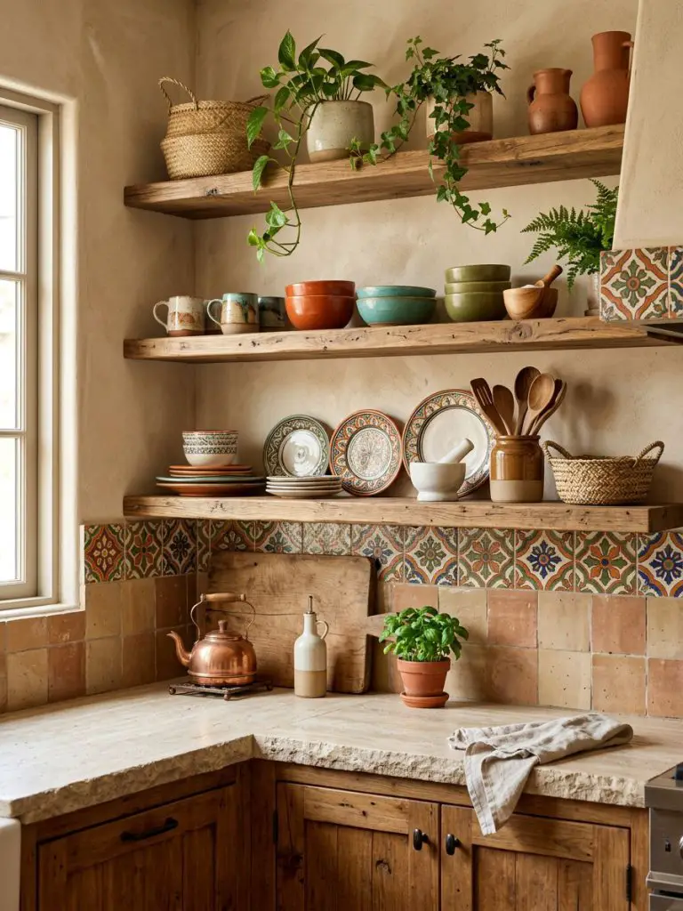 A rustic boho kitchen corner styled with warm wooden open shelving and earthy terracotta tones, blending Modern Rustic and Mediterranean boh.