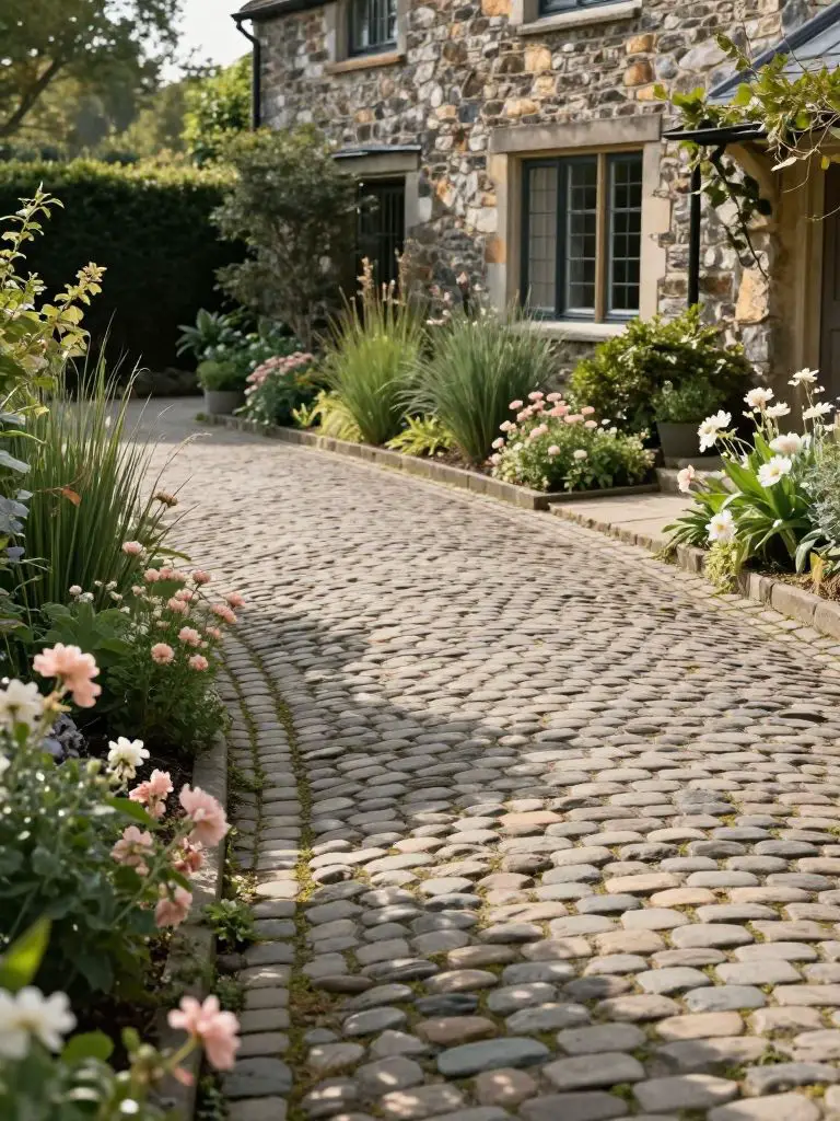A rustic cobblestone driveway in a cottage-inspired landscape design, bordered by layered greenery and soft flowering plants in blush pink a.