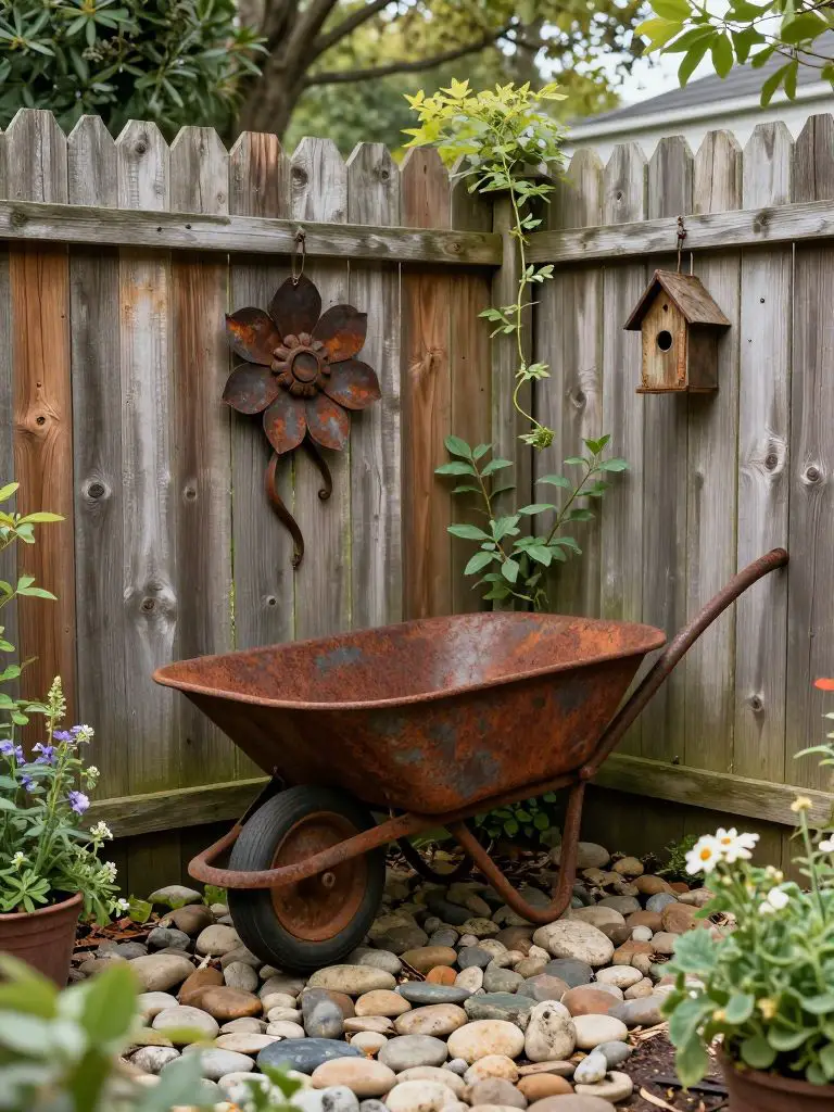 A rustic garden corner styled with vintage garden decor, featuring a weathered wooden fence and salvaged metal elements.