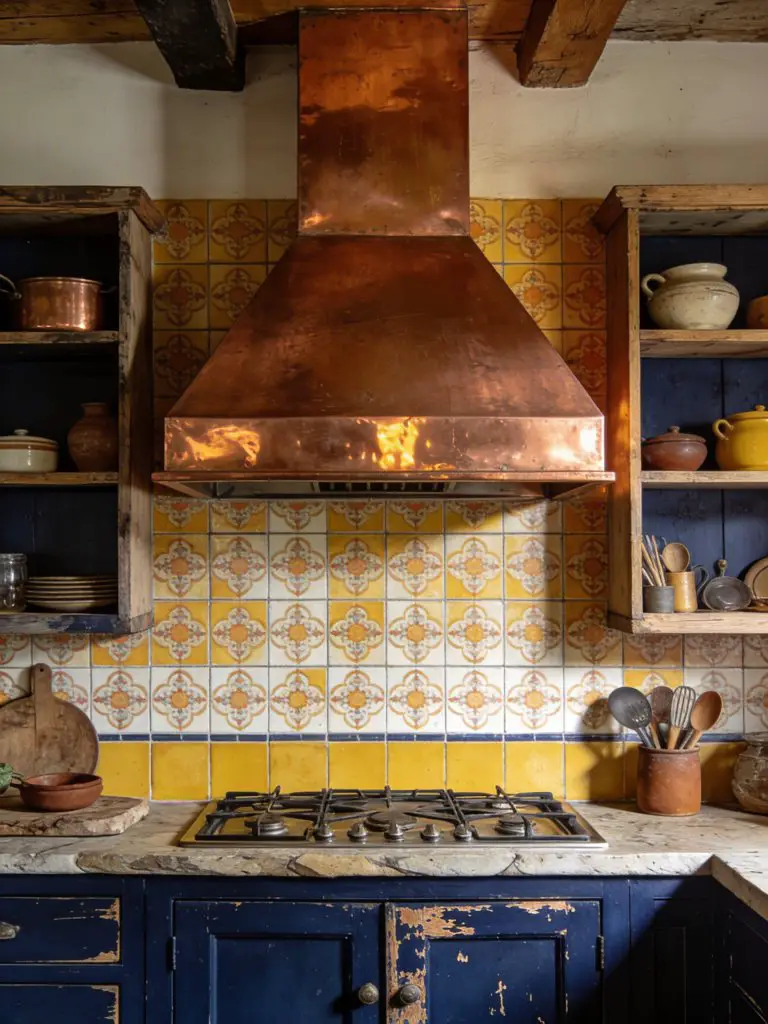 A rustic colorful cottage kitchen with a bold copper range hood as the focal point, set against patterned ceramic tiles in warm yellow and c.
