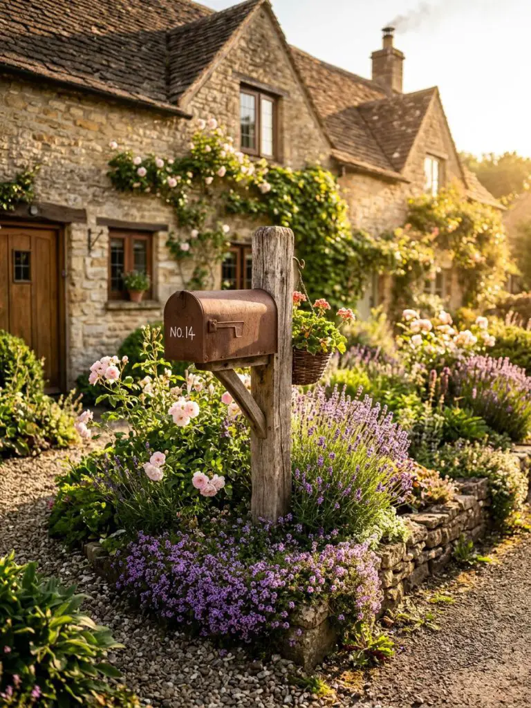 A rustic cottage mailbox flower bed glowing in golden hour sunlight.