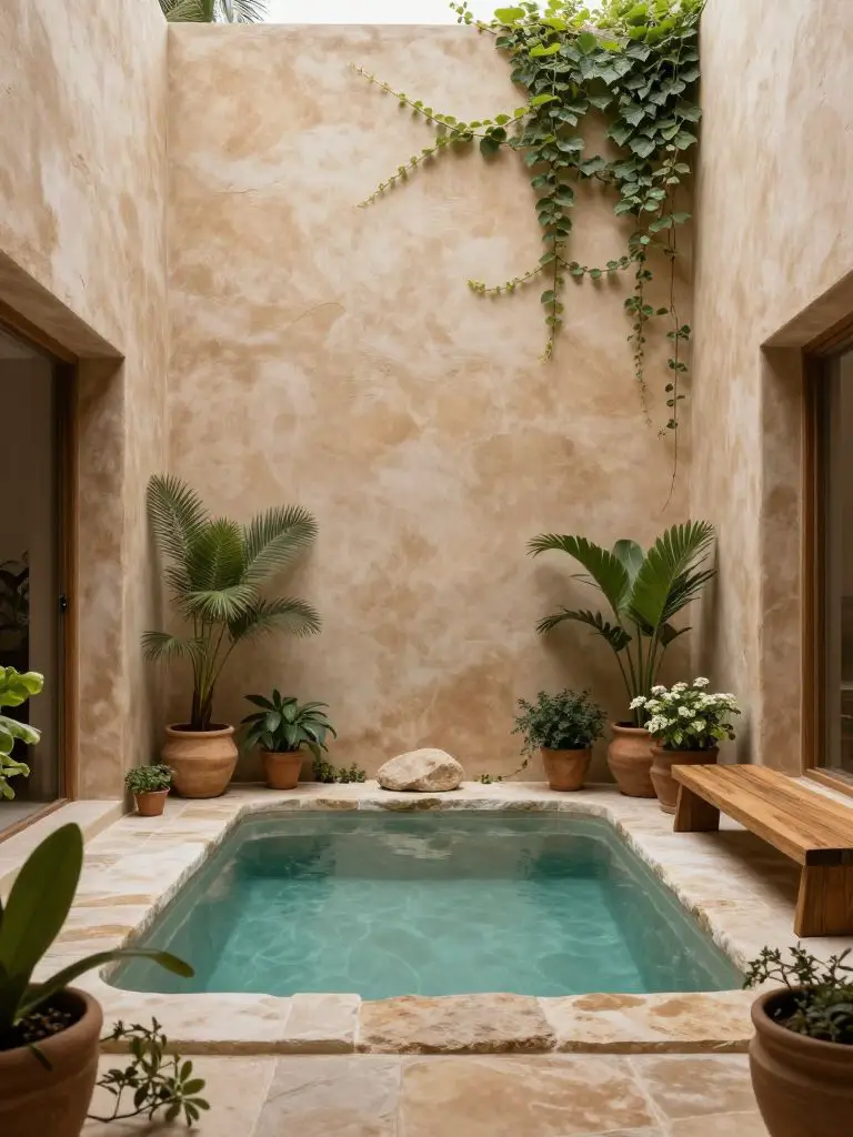 A rustic courtyard spa pool surrounded by textured plaster walls and layered greenery, designed in a warm minimalist and earthy style.
