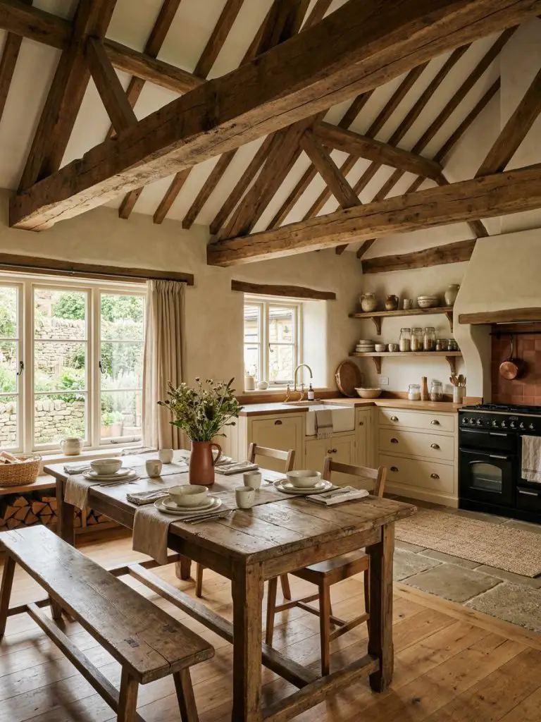 A rustic farmhouse open concept kitchen with strong modern rustic character, centered around exposed wooden ceiling beams and handcrafted te.