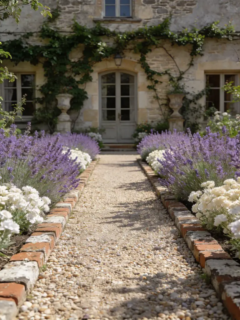 A French country-inspired gravel pathway leading to a rustic stone home, designed in a timeless European garden style.