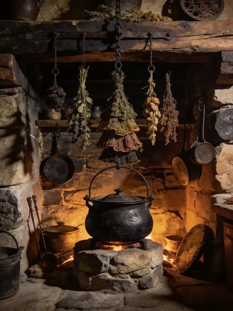 A rustic hearth witch kitchen centered around a stone cooking area with hanging dried herbs and vintage cookware.