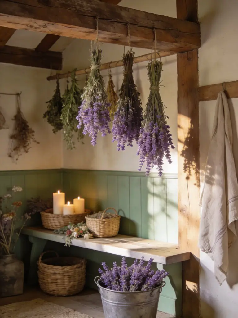 A rustic herb drying corner with lavender bundles hanging from wooden beams and a bench styled with candles and woven baskets.
