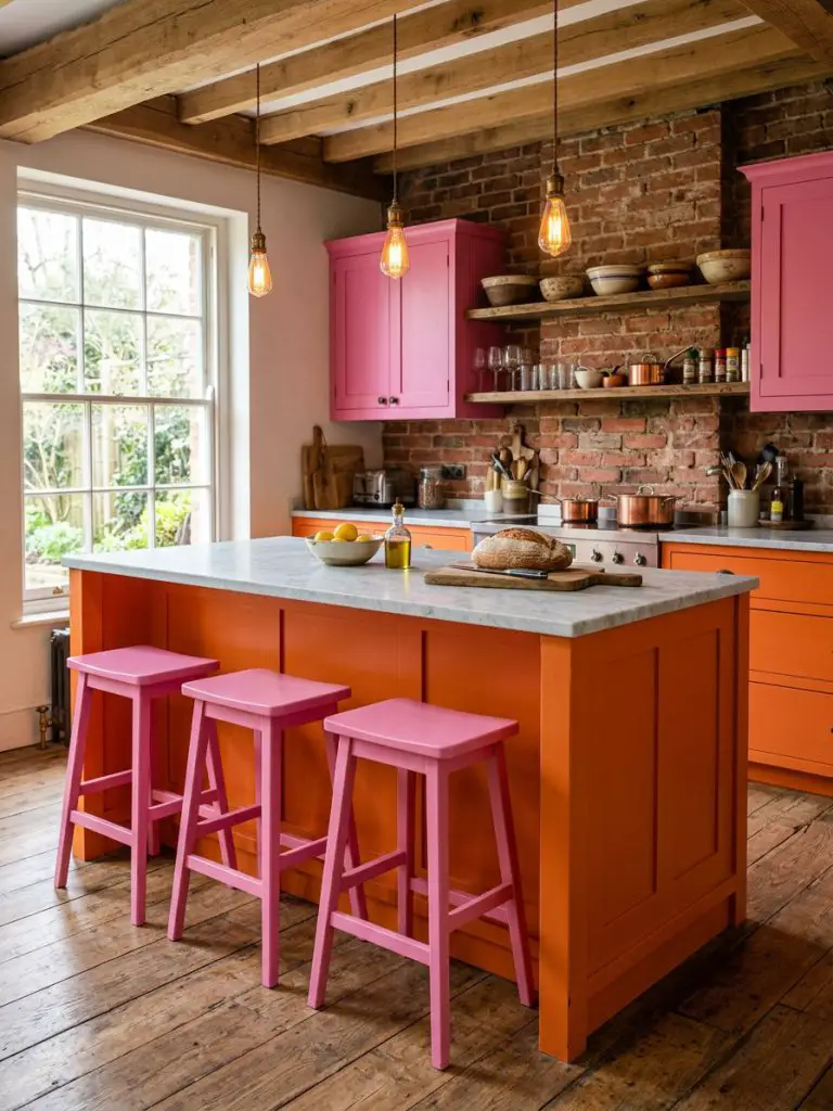 A rustic industrial kitchen scene featuring a colorful kitchen island painted in saturated orange with paneled detailing, contrasted by brig.
