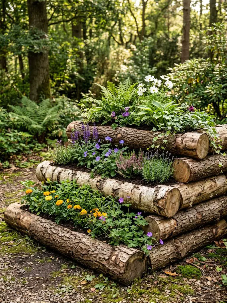 A rustic layered flower bed constructed from stacked cut logs, creating a natural tiered planter with organic textures and earthy charm.