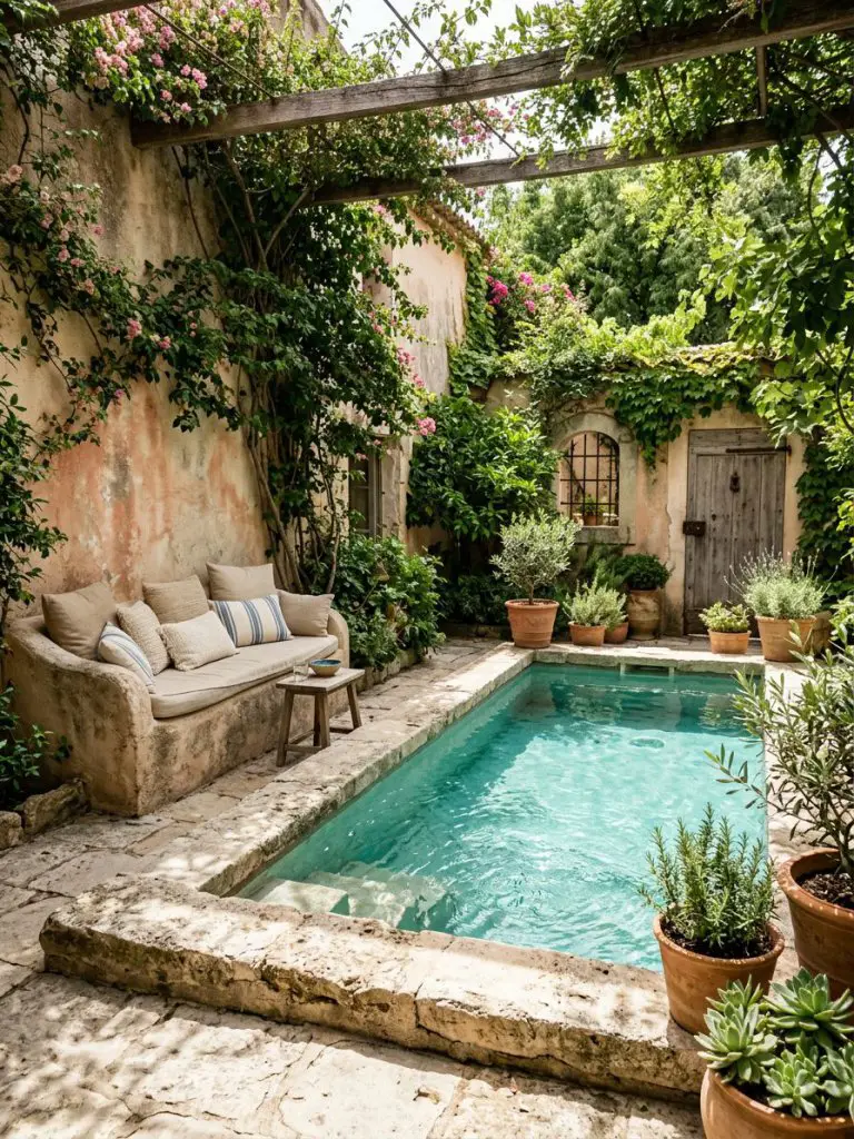 A rustic Mediterranean-style small courtyard pool with a relaxed, aged aesthetic, featuring a compact rectangular pool with turquoise water.