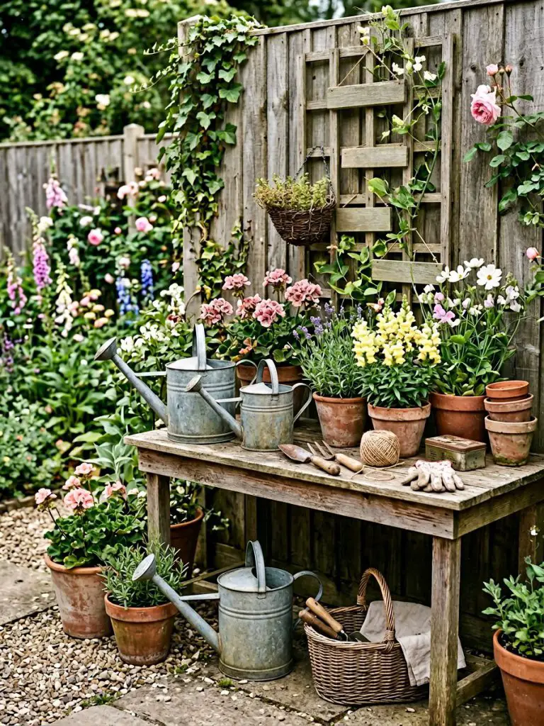 A rustic garden potting corner styled in cottagecore fashion, featuring a cluster of vintage gardening tools, watering cans, and potted flow.