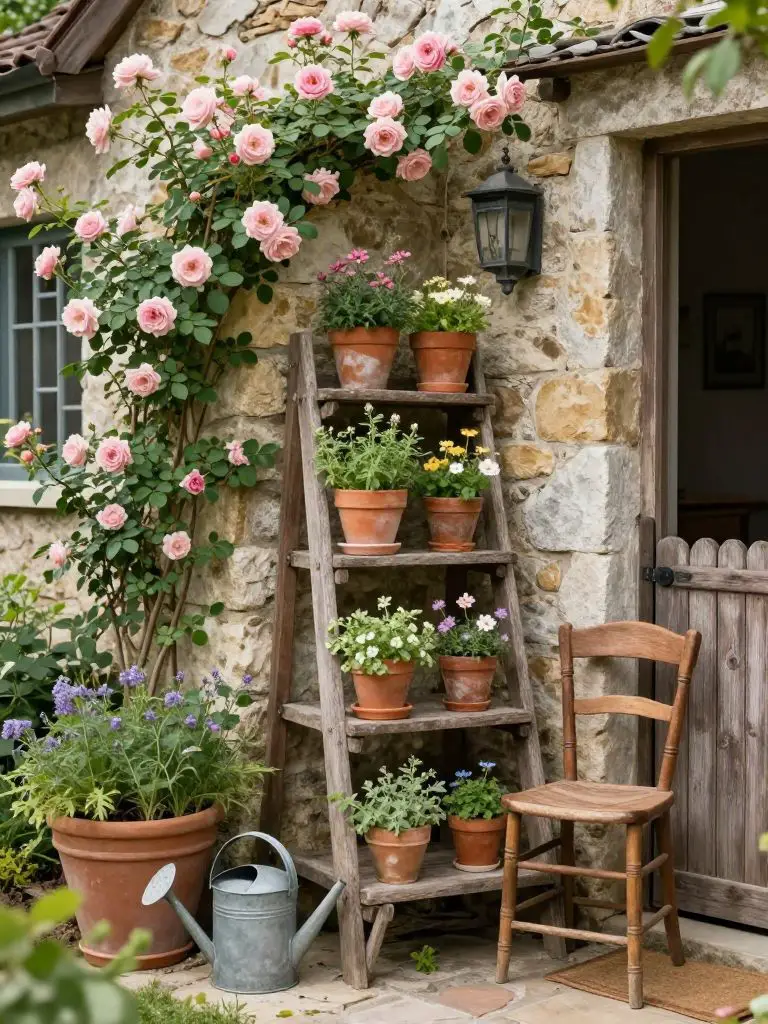 A rustic small secret garden entrance styled in vintage cottagecore design, featuring a wooden ladder used as a plant stand leaning against.