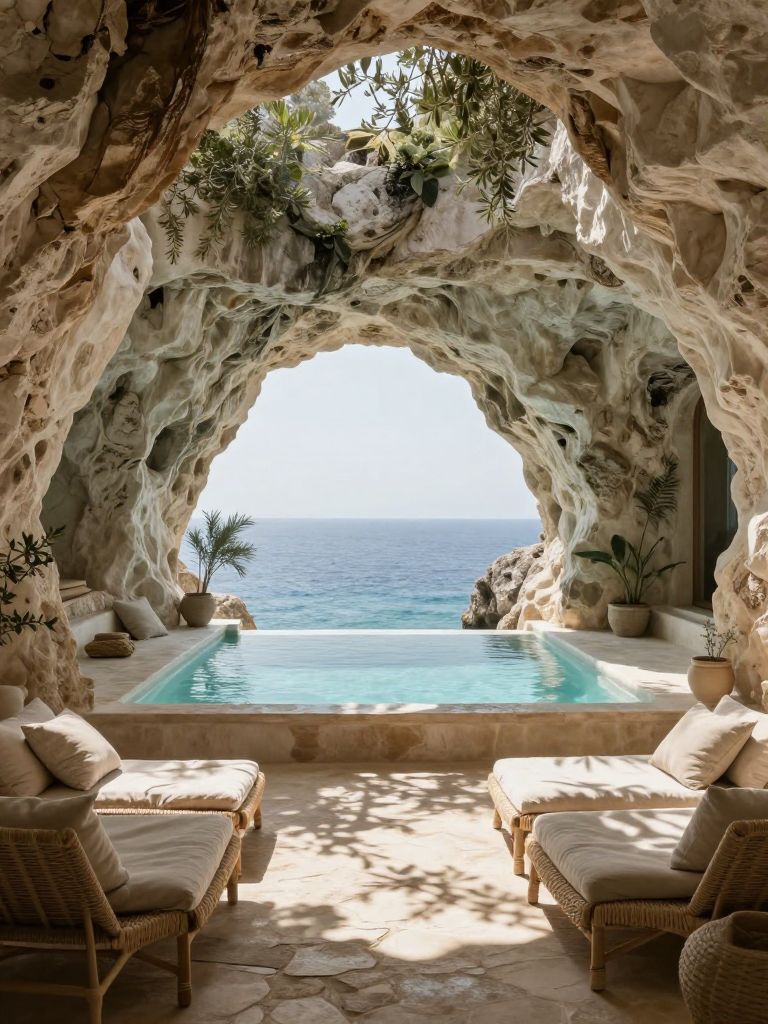 A rustic Mediterranean cave-style pool carved into natural stone, blending organic architecture with coastal influences.