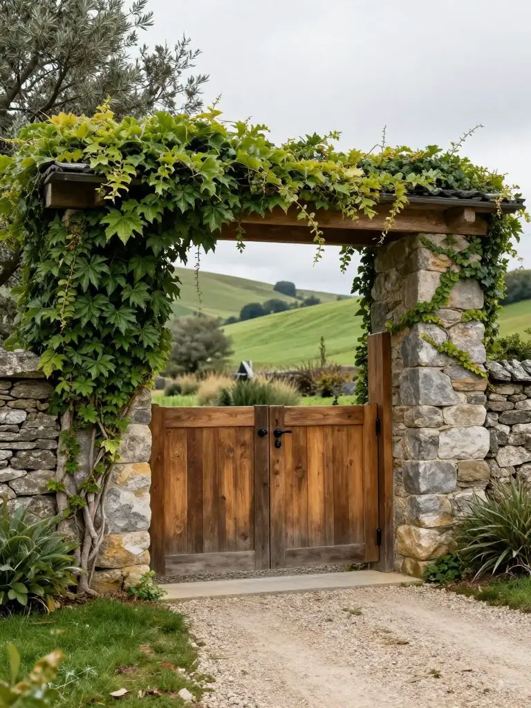 A countryside driveway entrance in a modern rustic style featuring a sturdy wooden gate framed by thick stone pillars wrapped in lush climbi.