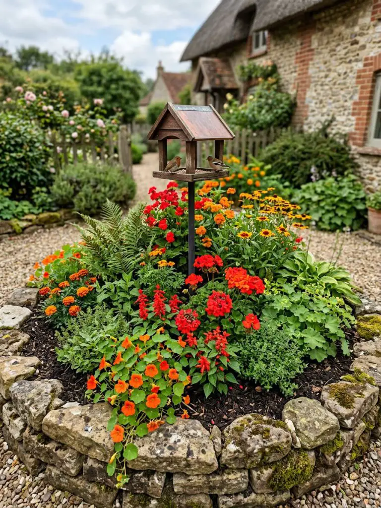A rustic island flower bed enclosed by irregular natural stones, designed with a cozy countryside aesthetic.
