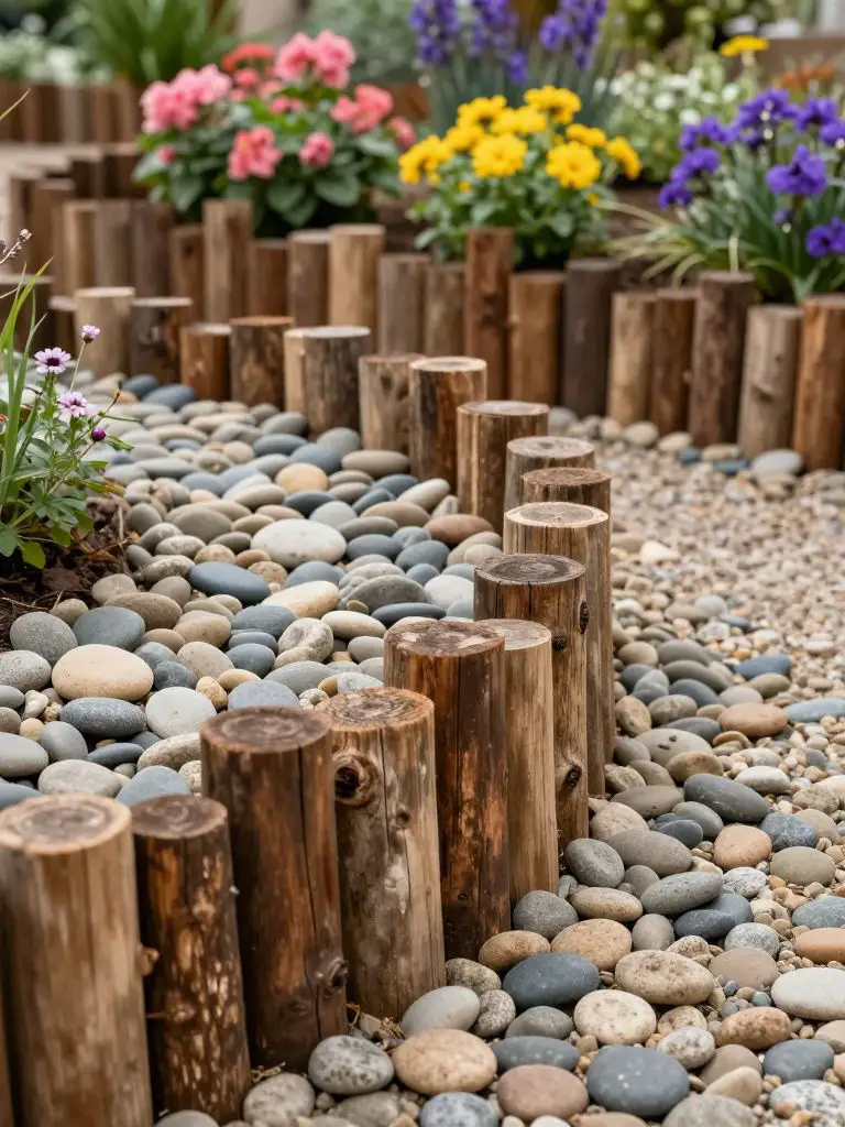 A rustic garden bed edged with short vertical timber logs arranged tightly together, creating a natural border between a pebble ground cover.